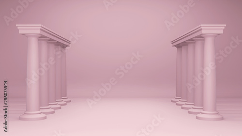 Pink interior with Greek style columns corridor, classical elegant construction with empty space. Geometric hall concept, pink minimalist pastel color interior, 3d illustration.