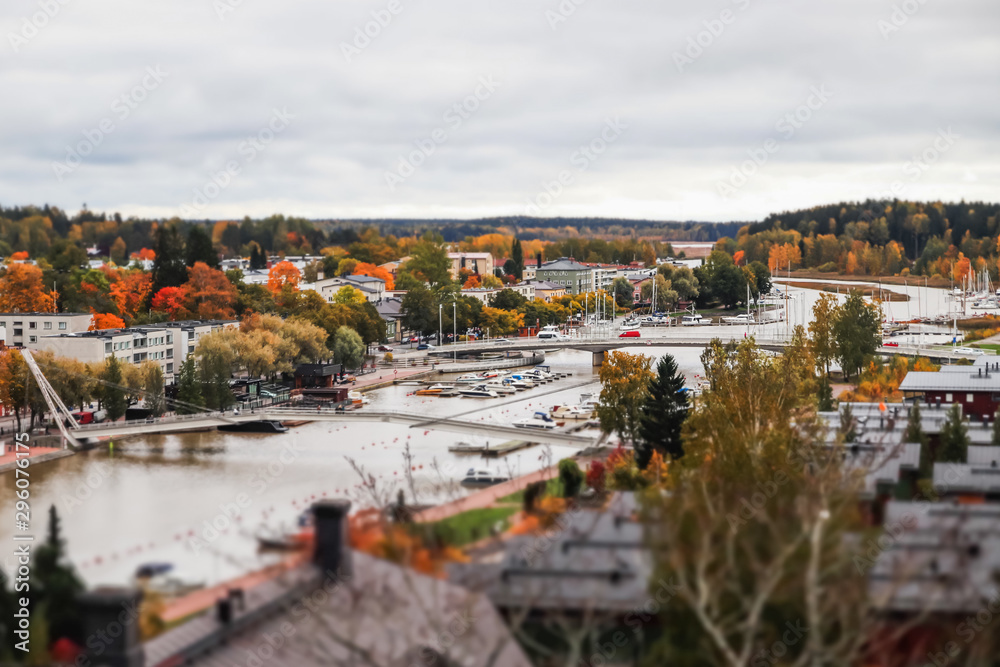 View of Porvoo, Finland. Beautiful city autumn landscape with colorful buildings.