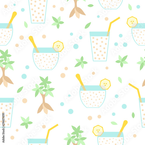 Seamless pattern with tapioca. Pudding, bubble tea, Bush with roots. Flat vector on white background