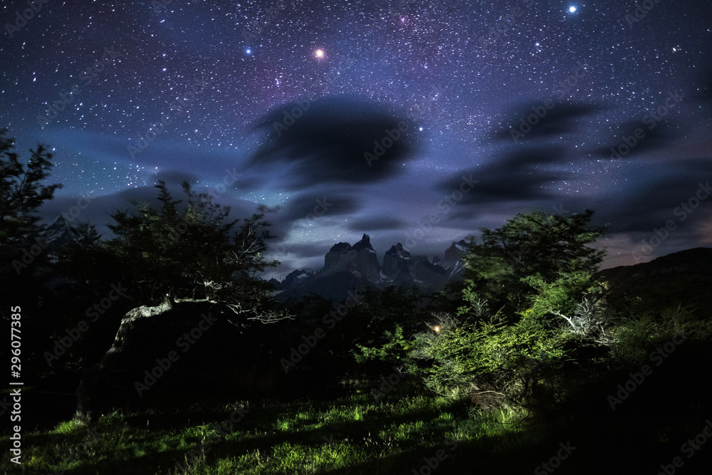 Mountains of Torres del Paine National Park visible through the green trees and starry night with some blurred clouds in the sky. Chile Mountains of Torres del Paine National Park visible through the green trees and starry night with some blurred clouds in the sky. Chile