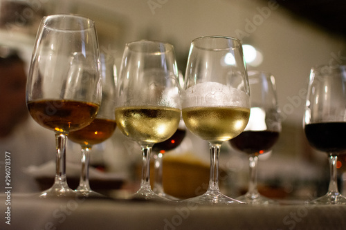 Sherry wine tasting, selection of different jerez fortified wines from dry to very sweet in glasses, Jerez de la Frontera, Andalusia, Spain