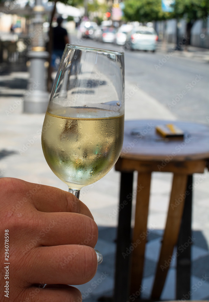 Obraz premium Sherry wine tasting, dry fino, manzanilla or palomino jerez fortified wine in glasses, Jerez de la Frontera, Andalusia, Spain