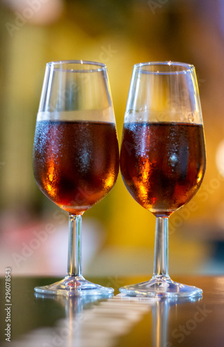 Christmas sherry wine, dry or sweet jerez fortified wine in glasses and street lights, Jerez de la Frontera, Andalusia, Spain