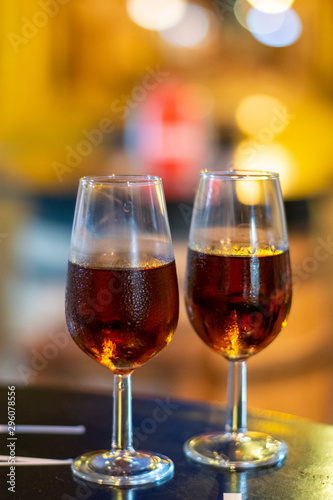 Christmas sherry wine, dry or sweet jerez fortified wine in glasses and street lights, Jerez de la Frontera, Andalusia, Spain