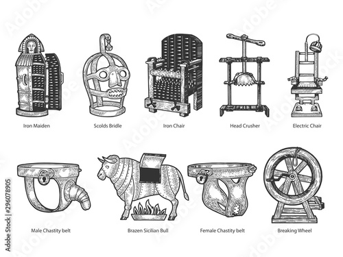 Medieval torture device set with titles sketch engraving vector illustration. T-shirt apparel print design. Scratch board style imitation. Hand drawn image.