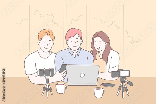 Vlogging, live streaming from laptop concept. Friends shooting vlog, using cameras and smartphones on tripod, parents and son having video conference, chatting online. Simple flat vector