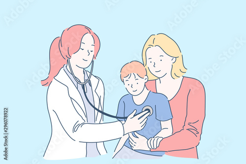 Medical examination in hospital concept. Doctor listening to child chest, checking heartbeat using stethoscope, mother and son visiting female pediatrician. Simple flat vector