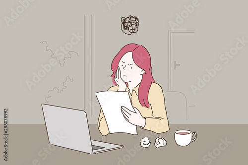 Creative crisis, burnout cartoon concept. Woman working with laptop, reading document with dissatisfied facial expression, student writing essay with several spoilt drafts. Simple flat vector