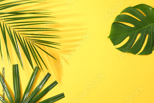 Different palm leaves on yellow background, copy space