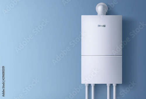 Boiler, electronic water heater hanging on blue wall. Home plumbing electric fixture with pipes for heating cold aqua. Energy and cash savings smart system equipment. Realistic 3d vector illustration photo