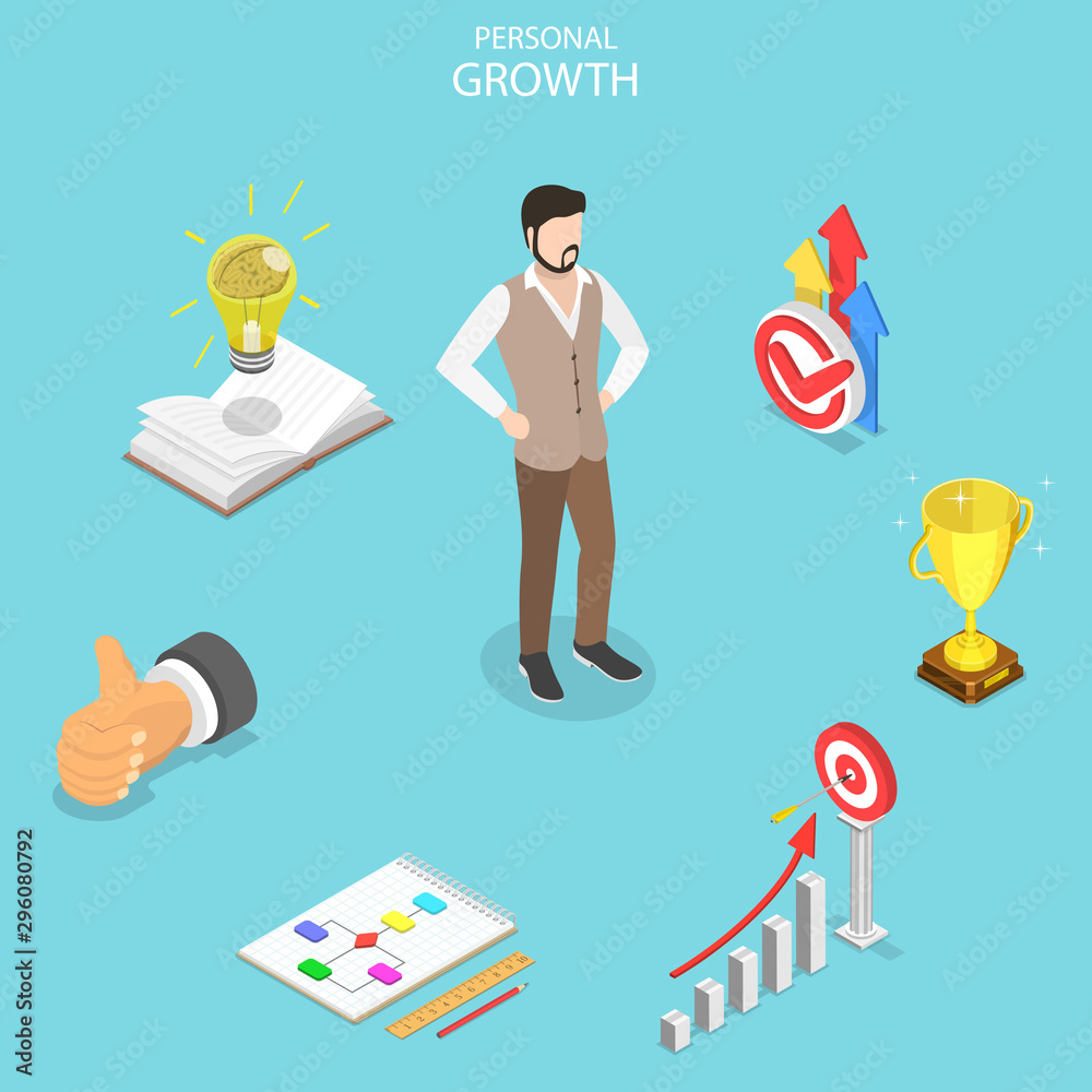 Isometric flat vector concept of self-development, career achievements, high goals achievement, growth of personal qualities. Isometric flat vector concept of self-development, career achievements, high goals achievement, growth of personal qualities.