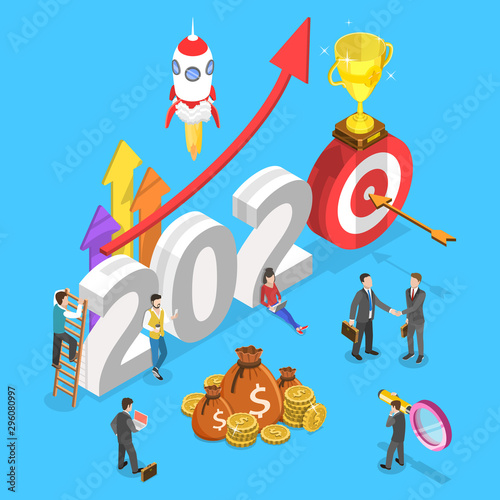 Isometric flat vector concept of 2020 - successful financial year of opportunities.