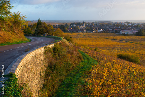 La ville de Nuits-Saint-Georges en automne. Le vignoble de Côte-d'Or en automne. Un paysage automnal. Une route de campagne dans les vignes de Nuits-Saint-Georges. Vignes de Bourgogne.