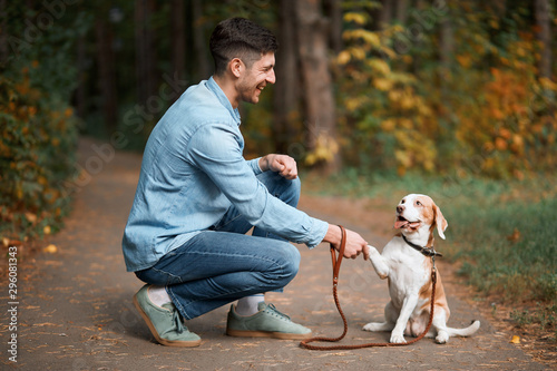 kind attractive man teaching his dog to greet, nice to meet you. full length side view photo