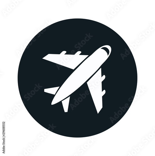 Circle airplane icon isolated on white background. Flat design style. Round icon. Airplane silhouette. Simple circle icon. Web site page and mobile app design vector element.