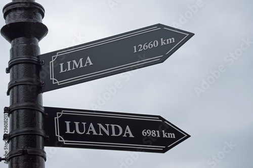 Pointer cities on the post, Lima, Peru, South America and Luanda