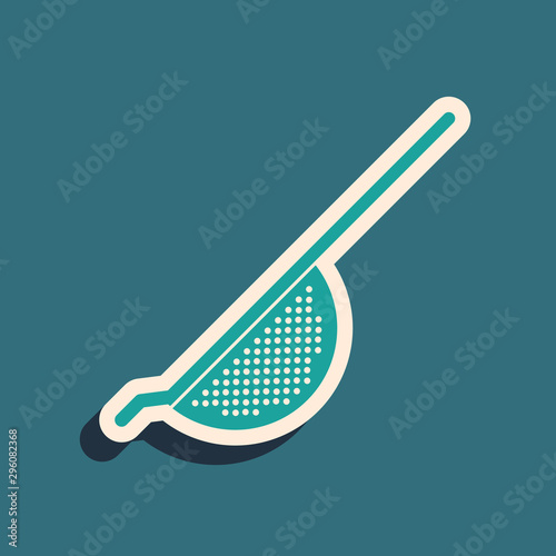 Green Kitchen colander icon isolated on blue background. Cooking utensil. Cutlery sign. Long shadow style. Vector Illustration