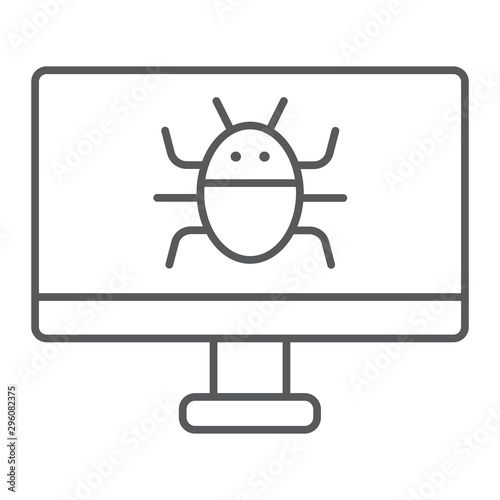 Computer virus thin line icon, technology and device, software bug sign, vector graphics, a linear pattern on a white background.