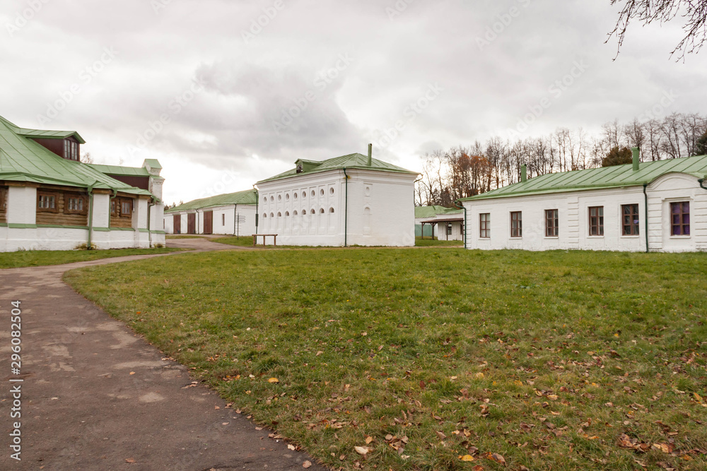 Russia, Moscow Region - October 13, 2019: Beautiful autumnal view of the manor Serednikovo in Firsanovka, Russia. Russia, Moscow Region - October 13, 2019: Beautiful autumnal view of the manor Serednikovo in Firsanovka, Russia.