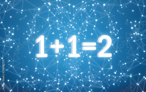 1 plus 1 equal 2 on digital interface and blue network background