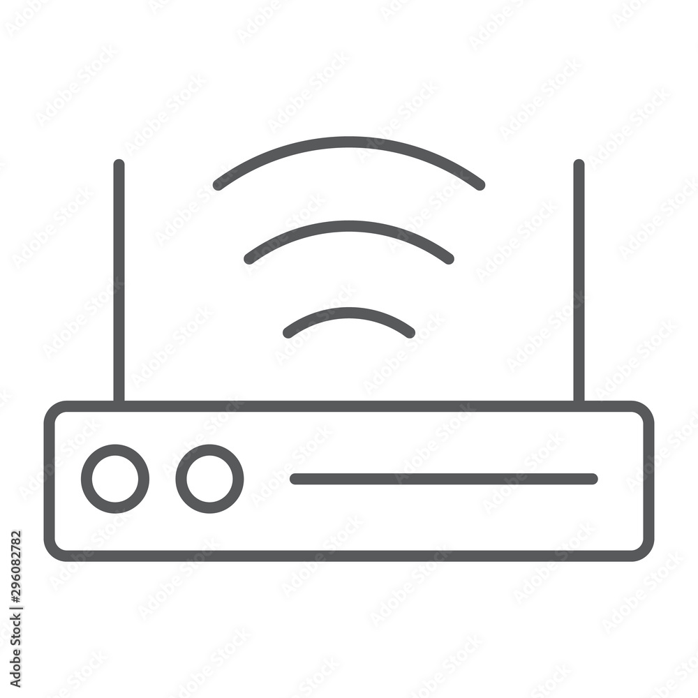Wifi router thin line icon, technology and device, wireless internet sign, vector graphics, a linear pattern on a white background. Wifi router thin line icon, technology and device, wireless internet sign, vector graphics, a linear pattern on a white background.