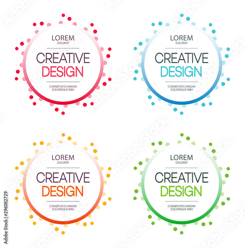 Abstract vector circle frame set. Colorful dots and bubbles emblem design element label collection. Round border Icon using circle dots. Creative banner template with text