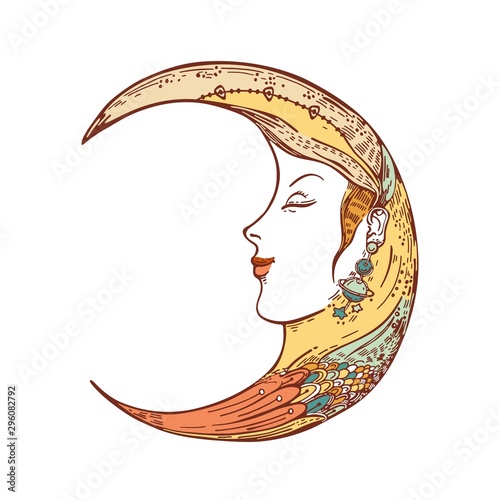 Vector image of a crescent moon. Moon face. Sketching graphics.