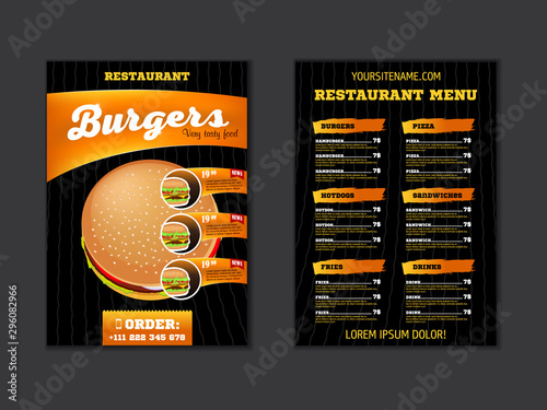 Fast food menu brochure design on a dark background vector template in A4 size. flyer, baner and Layout Design.