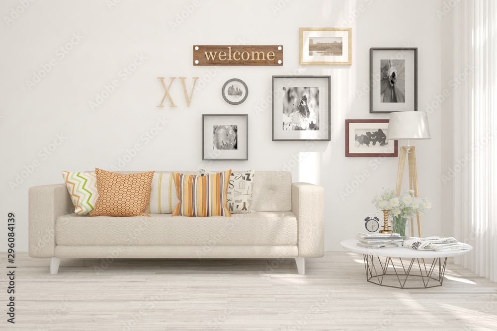 Obraz premium Stylish room in white color with sofa. Scandinavian interior design. 3D illustration