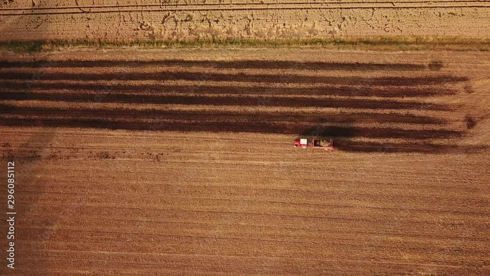 Birds eye still shot of red tractor working a field Birds eye still shot of red tractor working a field