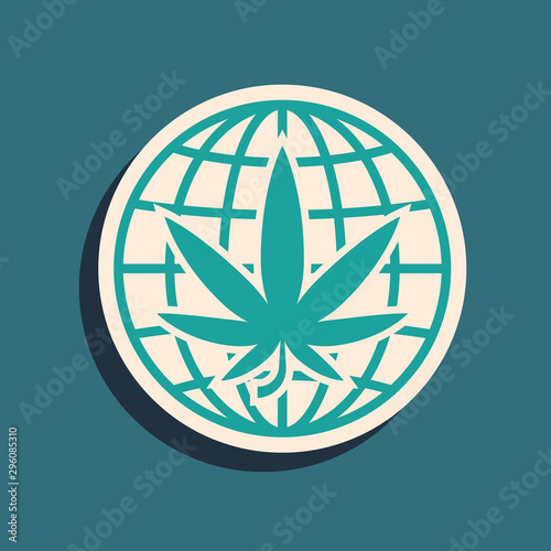 Green Legalize marijuana or cannabis globe symbol icon isolated on blue background. Hemp symbol. Long shadow style. Vector Illustration