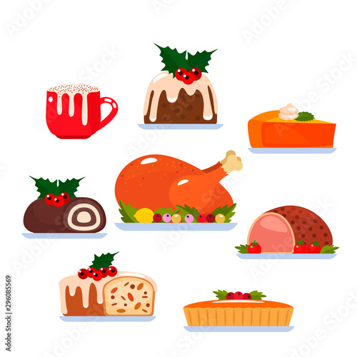 A large set of traditional dishes for Christmas and Thanksgiving. Baked turkey, Christmas pudding, pumpkin pie, coffee drink
