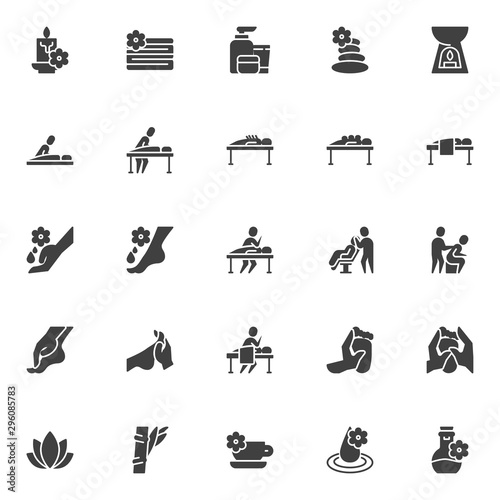 Massage therapy vector icons set, Spa salon modern solid symbol collection, filled style pictogram pack. Signs, logo illustration. Set includes icons as zen stones, lotus flower, aromatherapy, candle