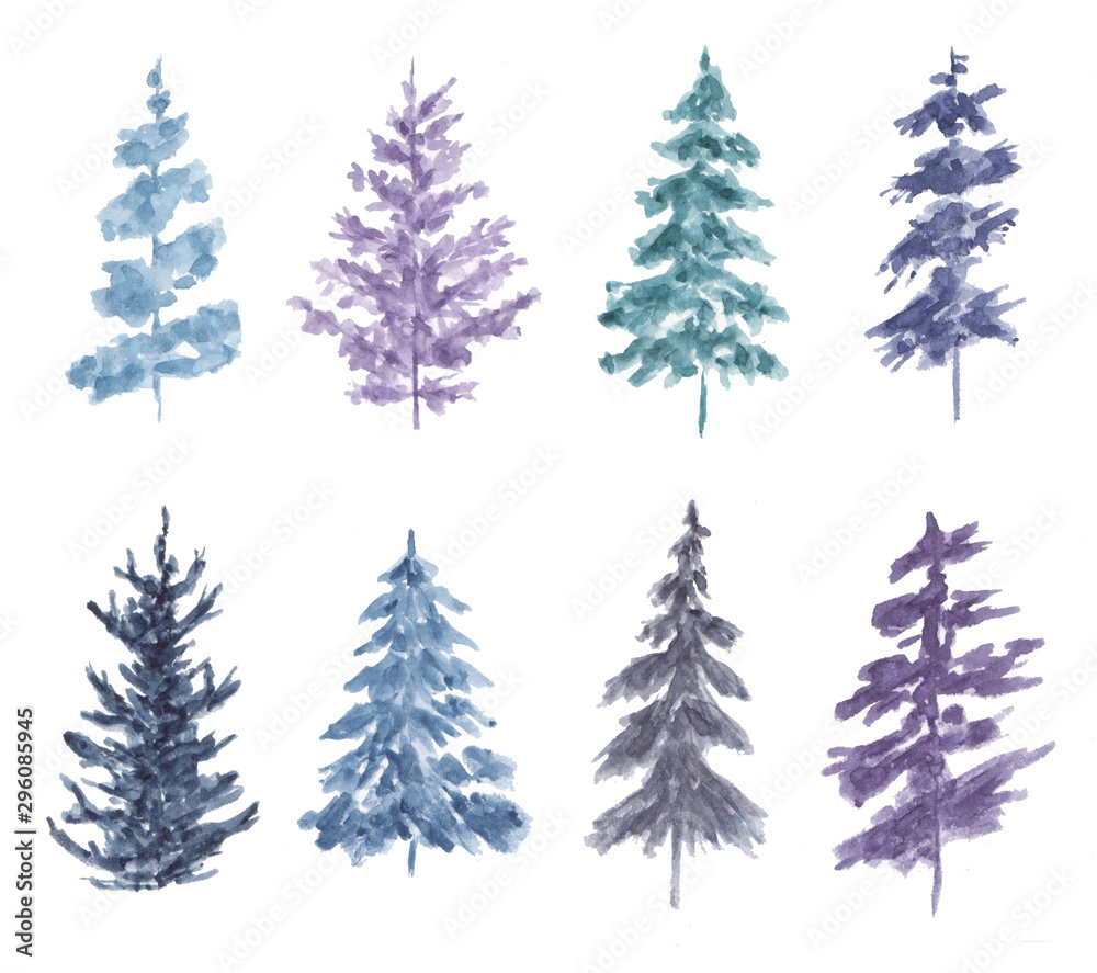 Fototapeta premium Watercolor set of spruces isolated on white background.
