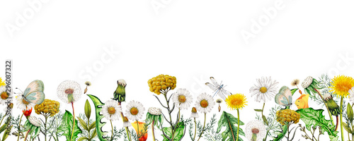 Watercolor seamless banner of garden wildflowers,Seamless floral border