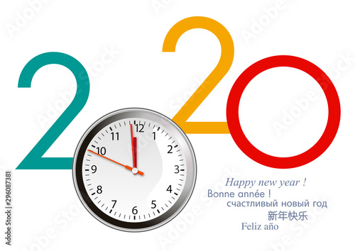 Carte de vœux 2020 avec un cadran de montre, lançant le compte à rebours pour le passage à la nouvelle année.