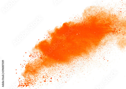 Fototapeta Naklejka Na Ścianę i Meble -  Abstract orange powder explosion isolated on white background.