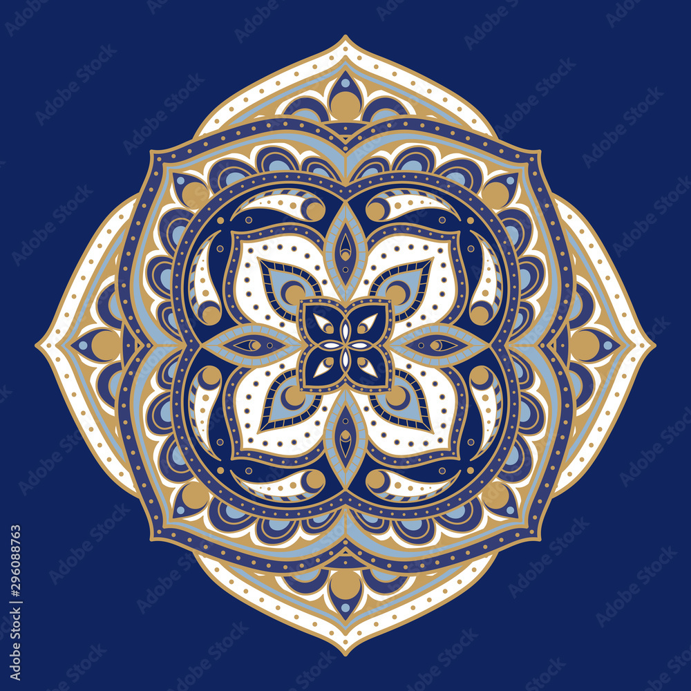 Indian floral mandala medallion paisley pattern vector. Gold and blue oriental print. Ethnic flowers motif design. Bohemian ornament for logo, label, tag, tattoo, mehndi.