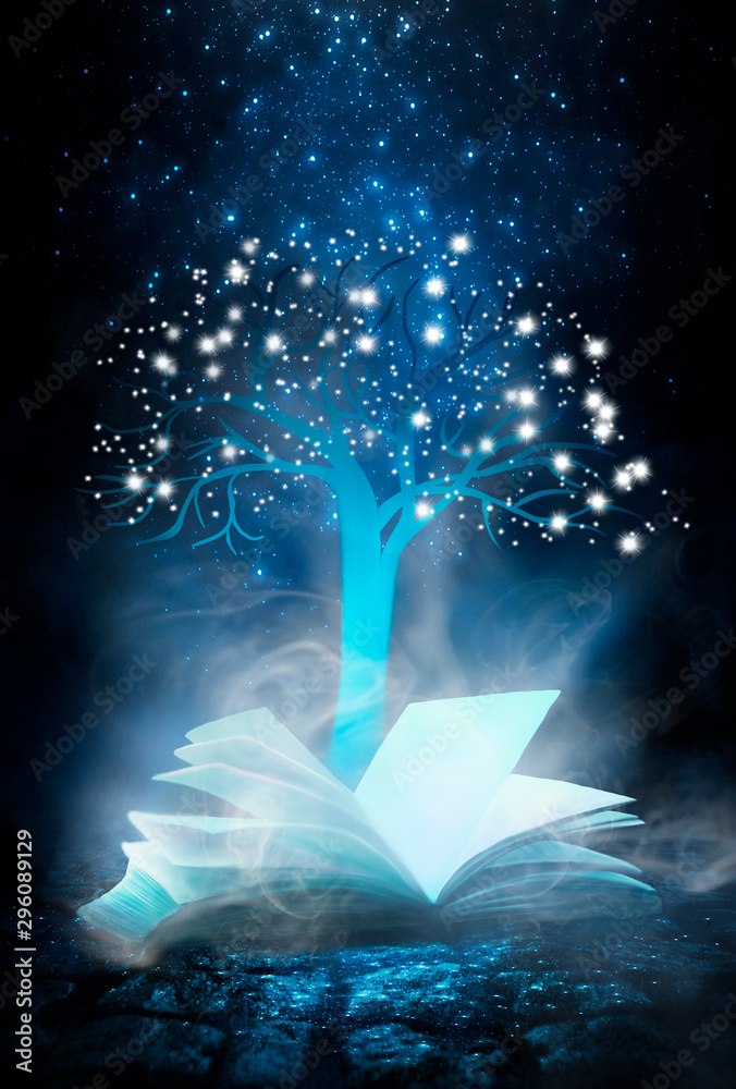Dark night magic scene. An open book, a garland of old keys, a magic tree of knowledge. Night view, smoke, magic, magical experience, a fabulous night. Blue neon, moonlight at night. Wet asphalt, refl - obrazy, fototapety, plakaty 