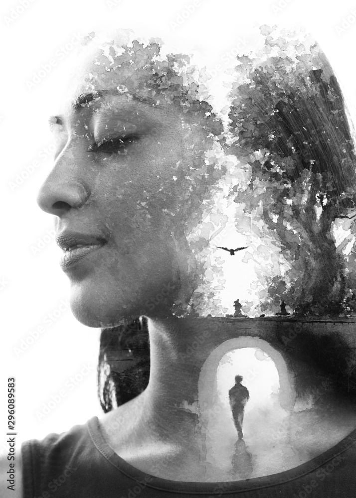 Paintography. Double exposure portrait combined with hand drawn painting of a lonely person under a bridge, tells a story of two people using symbols - obrazy, fototapety, plakaty 