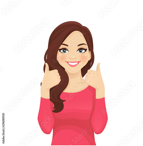Portrait of smiling beatiful woman with curly hairstyle showing thumbs up isolated vector illustration
