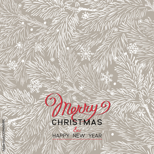 Winter holidays or Christmas background with pine branches and snowflakes.