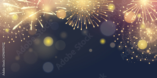 Vector horizontal greeting banner with gold fireworks in night sky. Festive lights on blue background with effect bokeh for design of holiday poster and celebratory flyer. File contains clipping mask.