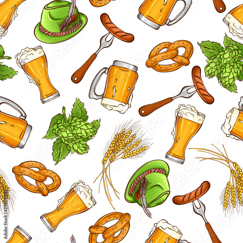 Oktoberfest beer festival template. Vector illustration with traditional festival elements: beer, sausages, pretzels, hat, hops.Seamless pattern isolated on white background. Pub,restaurant,bar design