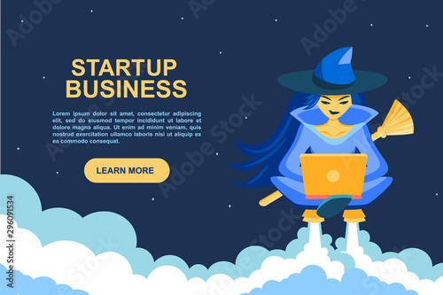 Startup business. Seasonal autumn Halloween landing for sites. The witch prints and programs on laptop her idea for starting a business. Sorceress concentrated takes off. Vector flat illustration