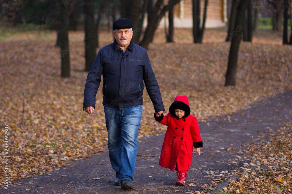 Fototapeta premium Mature man and little girl holding hands walkking in autumn park