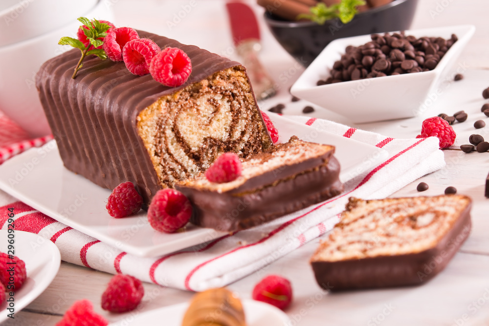Marble cake with raspberries. Marble cake with raspberries.
