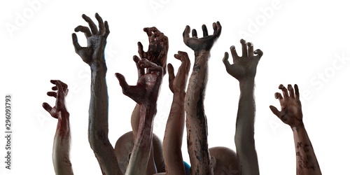  crowd of stretched zombie hands halloween theme, render 3D on white background