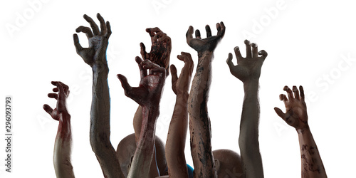 Bilde på lerret crowd of stretched zombie hands halloween theme, render 3D on white background