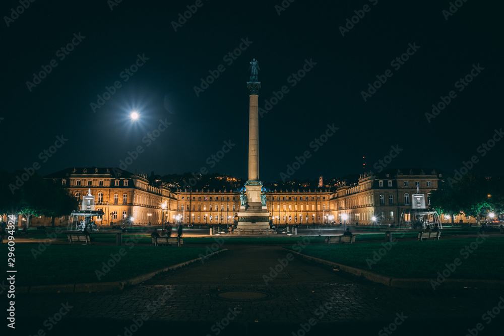 Full moon over castle Stuttgart night photography, photographed from castle square